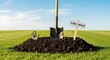 © the last of art - A perfectly manicured lawn with a single, fresh grave mound. A name tag on a stake reads HOME OWNER. A shovel is stuck in the pile of dirt