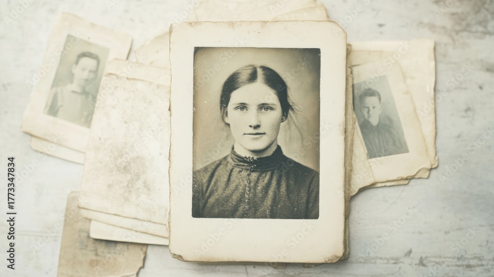 Historic black and white portrait of a woman surrounded by old ...
