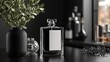 © 96 - Elegant glass perfume bottle with blank label, framed by stylish accessories and lush greenery in a modern setting