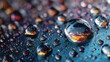 © kenzie - Macro view of water droplets on a reflective surface, with colored reflections