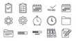 © Pemudasetempat - A collection of line art icons representing various business and productivity concepts, including calendars, to-do lists, clocks, gears, and folders.