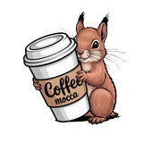 Adorable cartoon squirrel hugging a takeaway coffee cup isolated on transparent background