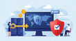 © Tine - Flat illustration of a computer with a secure lock screen surrounded by a shield, key, and server towers with two people working in a light blue background.
