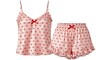 © RisaFitri - Charming Pink Satin Pajama Set with Red Hearts, Bows, and Ruffled Shorts.