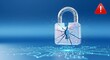 © Rohan - Cracked digital padlock symbolizing data breach and cyber security failure on a blue technological background with warning sign.