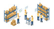 © Ophelia - Warehouse logistics team managing inventory with digital devices in isometric style