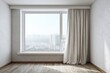 © Imnot99 - Bright room with a large window showing cityscape and draped curtain.