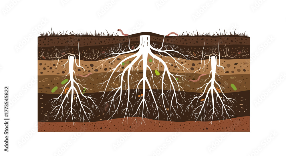 Soil Layers with Root System Worms and Microorganisms Illustration ...