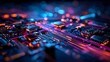 © 99 RIC - Glowing circuit board close up with vibrant neon blue and orange lights