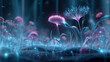 © สมเจตน์ หนูแก้ว - Futuristic neon holographic meadow filled with vibrant, glowing flowers and ethereal plants creates mesmerizing atmosphere. scene evokes sense of wonder and tranquility, inviting exploration