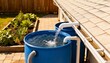 © DigitalSpace - Medium shot of a residential rainwater harvesting system with roof gutters directing water into large barrels for garden irrigation and water conservation efforts.