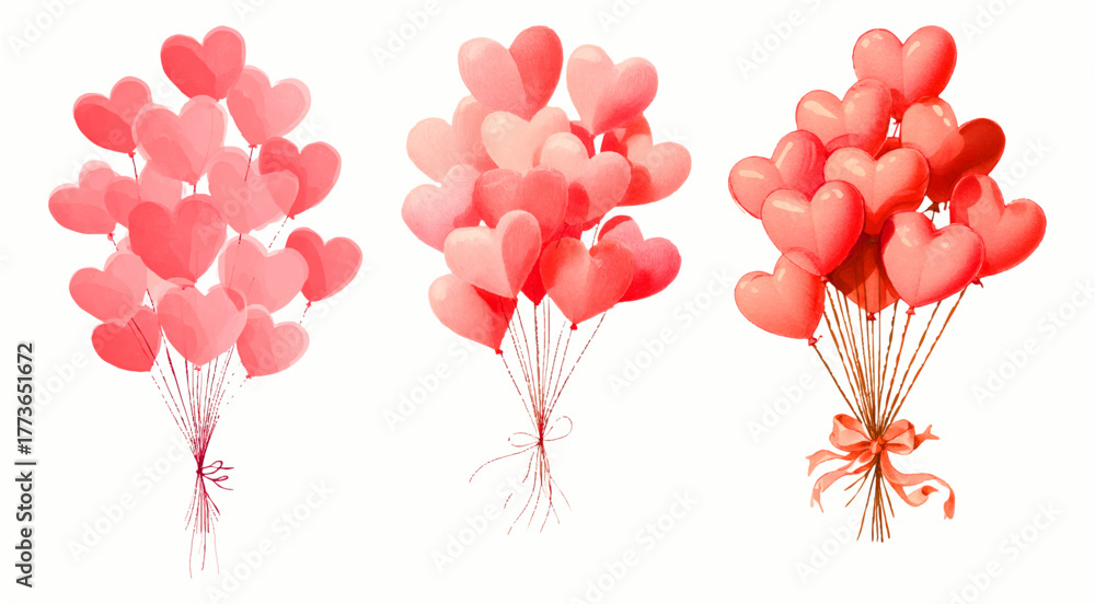 Watercolor set of heart balloons. Romantic red heart-shaped balloons ...