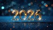 © Design Stock - Golden 2026 numbers illuminated with sparkling lights and confetti against a dark blue bokeh background
