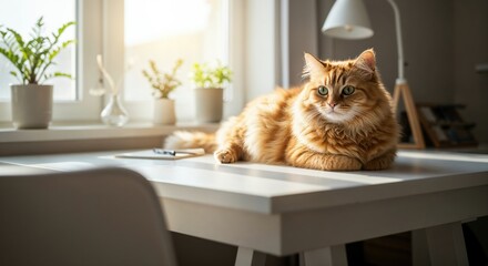 Naklejka na meble Sunshine Cat Nap: A ginger cat lounges contentedly on a table bathed in the warm embrace of sunlight, exuding pure relaxation and tranquility within a cozy home environment.