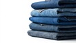 © mehaniq41 - Neatly folded denim jeans, varying shades of blue and gray, stacked on white background. Casual fashion, texture, and toning emphasized. Neural network AI generated