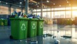 © Pasi - Indoor scene showing three green recycling bins overflowing with electronic waste. Bright sunlight streams from a large window, illuminating a factory