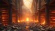 © miss irine - Grand library interior with towering bookshelves engulfed in flames. Books lie scattered across the floor amidst smoke and heat. An archway glows with intense light and fire in the distance.