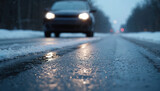 Car headlights illuminate a wet icy road during a winter snowfall. Driving is hazardous with slippery conditions after freezing rain. Traveling safely is key.