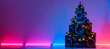 © Татьяна Зинченко - Speaker tower shaped like a Christmas tree glows with garland and fairy lights against a purple‑blue neon studio wall with wide copy space, upbeat holiday asset for audio brands and DJ events