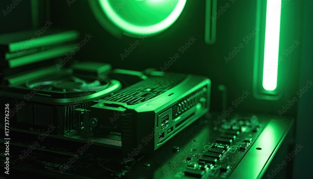 Computer internal components glow green. High performance graphics card ...