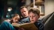 © fotofabrika - Father reading a book to children in a cozy living room at night