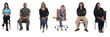 © Curto - Front view of a group of Latin American people sitting on chair looking at a camera on white background