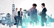 © ImageFlow - Group of business people overlaid with city skyline and digital grid graphics on a bright background, concept of technology and corporate teamwork