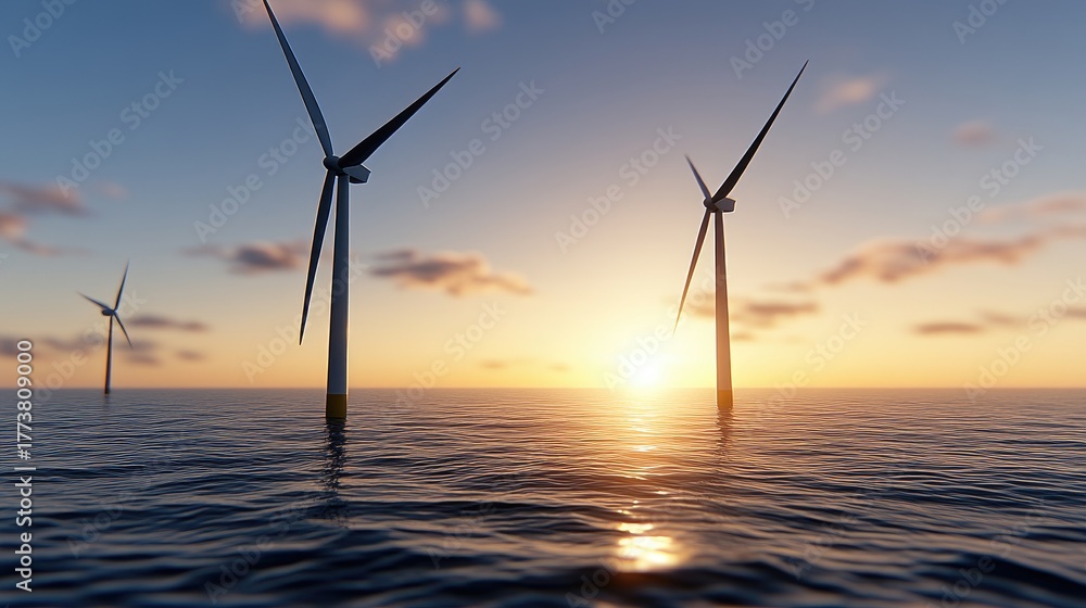 Majestic wind turbines generate clean energy in the ocean under a ...