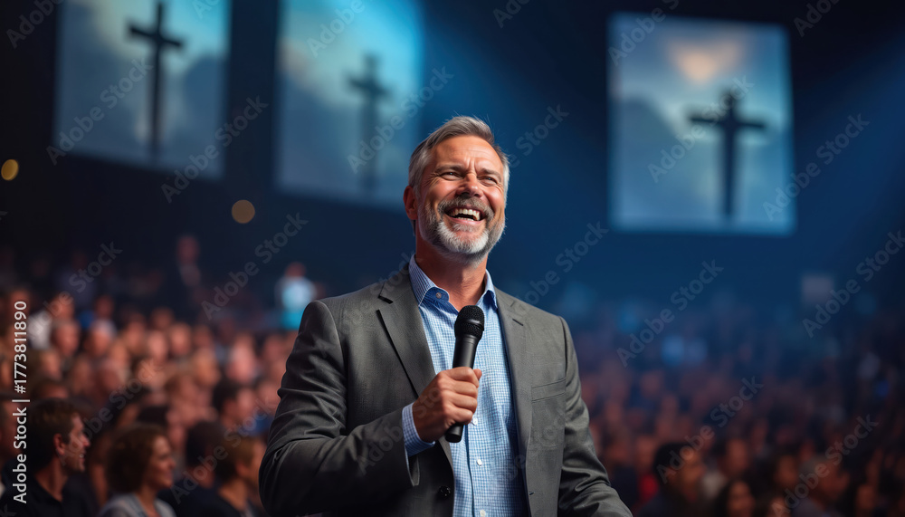 Stock-Foto „Smiling man with microphone leads church service. Pastor ...