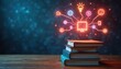 © miss irine - Books on table show digital connection. Glowing icons symbolize ideas, learning, and communication. Technology transforms knowledge sharing and education, fostering global interaction and growth.