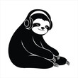 © Mohon - Sloth character sitting peacefully while listening to music through large headphones, isolated monochrome vector illustration of a lazy tropical animal silhouette.