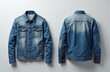 © miss irine - Front and back views of a classic blue denim jean jacket for men. This stylish outerwear piece is presented isolated on a plain white background, ready for easy graphic use.