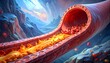 © Peraza - Cross-section anatomical illustration showing artery blockage with fatty deposits and blood flow in a stylized medical representation