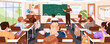 © Paper Trident - Students sit at desk and listen to lesson in class room back view. Teacher explains for kids near blackboard. Children study, learning, write in school classroom interior. Flat vector illustration