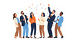 © Ndah - A diverse group of colleagues celebrate success with confetti, arms raised in a vibrant illustration, representing teamwork, achievement, and corporate joy against a white backdrop.