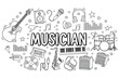 © supplement - Musician instruments sketch with guitar, drums, microphone, and saxophone