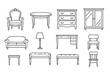 © Valeriia - Minimalist vector illustration in line art style (black outlines, no fill), consisting of 10 icons of classic furniture in vintage/traditional style.