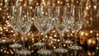 © Sona - A set of five crystal wine glasses with intricate patterns, arranged in a row on a festive background with golden decorations and bokeh lights.