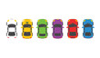 © ARSM D - Top view of six colorful cartoon cars in a row: white, yellow, green, purple, red, and blue, simple illustration