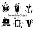 © Tanjum - Breakable objects silhouette vector icons, black broken plate, glass, laptop, frame, and bulb set for damage illustrations