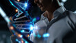 © Laura - Headless shot showing researcher's torso near focused radiant DNA model with holographic projections, with copy space