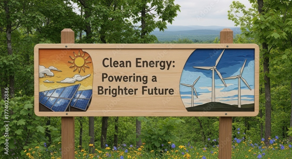 Clean Energy Sign Depicting Solar Panels and Wind Turbines for ...