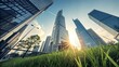 © Visunex - Modern architecture in the city of shanghai with green grass and blue sky, showcasing the beauty of urban development and nature integration in china