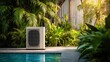 © Hunaningshasih - Heat Pump Installation by Poolside in Tropical Garden.