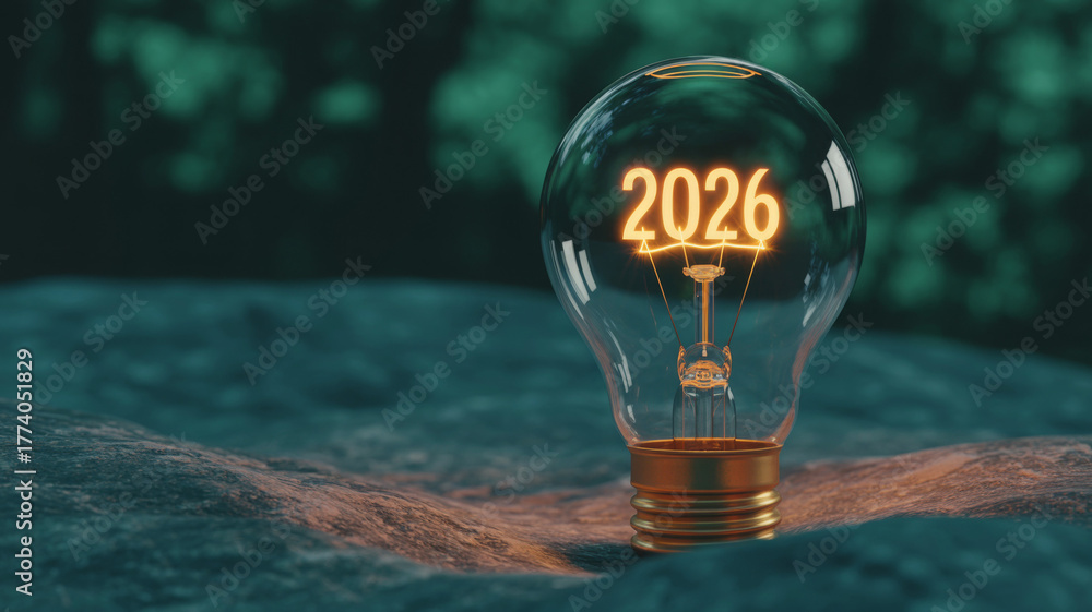 Glowing light bulb with the year 2026 inside symbolizing future ...