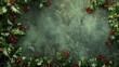 © Svetlana Leuto - A textured green background framed by holly leaves and red berries. The scene evokes a festive atmosphere, suitable for holiday themes. horizontal banner, copy space, free space for text