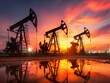 © ngalong project - Oil pumps silhouetted against a dramatic sunset reflected in water.
