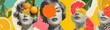 © Shelley - A playful and vibrant collage featuring three women with obscured faces, surrounded by colorful fruit and drinks. The surrealistic design, set against a white background