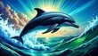 © CHOISH - 파도를 가르며 도약하는 돌고래 일러스트 Dolphin leaping through ocean waves illustration