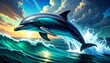 © CHOISH - 파도를 가르며 도약하는 돌고래 일러스트 Dolphin leaping through ocean waves illustration